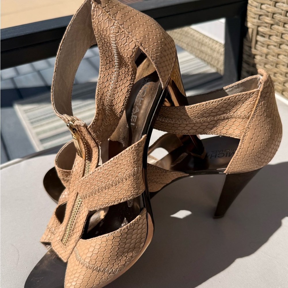 MICHAEL Michael Kors Tan Snake-Embossed Zip Front High Heel Sandals - Picture 1 of 4